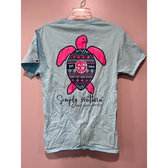 Simply Southern Womens "Save Them Turtles" Medium T-Shirt Aqua Pink Turtle Grap - Picture 1 of 10